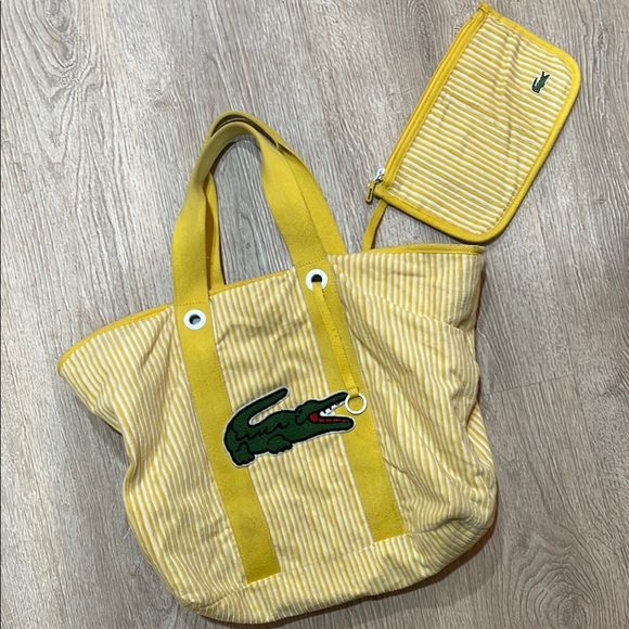 Lacoste Handbags - Lacoste Yellow Striped Terry Tote Bag with Pouch